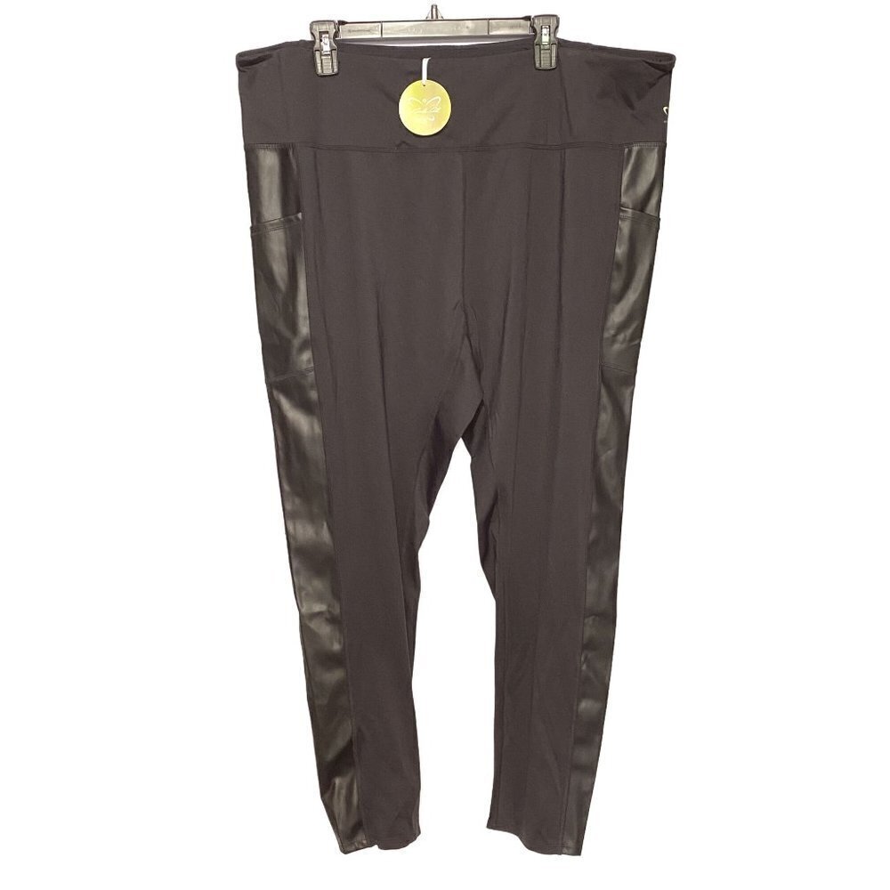 Laila Ali Black Athletic Leggings with Faux Leather Leg Trim & Pockets Womens 3X